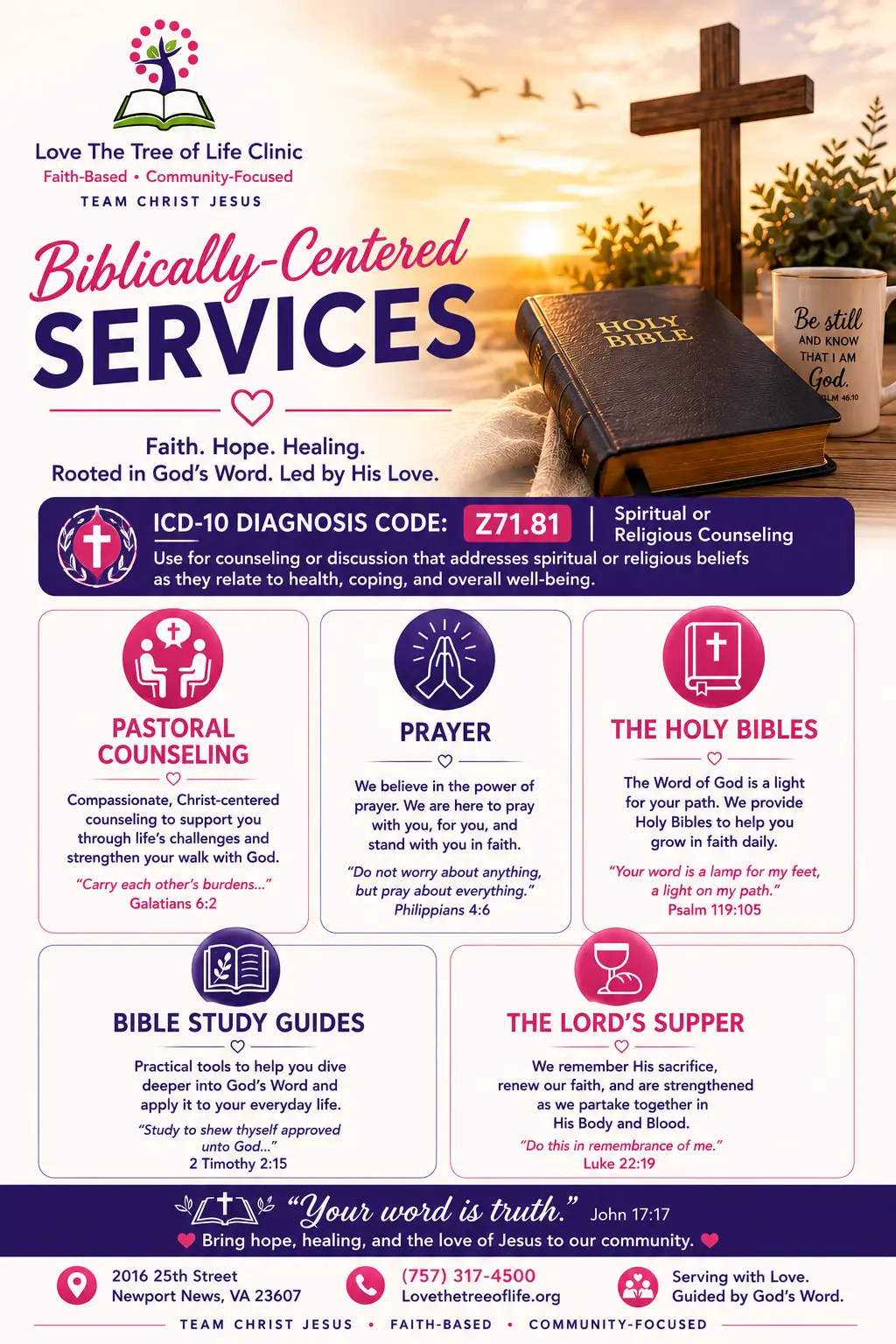 Biblically-Centered Services flyer: pastoral counseling, prayer, Bibles, and Bible study guides