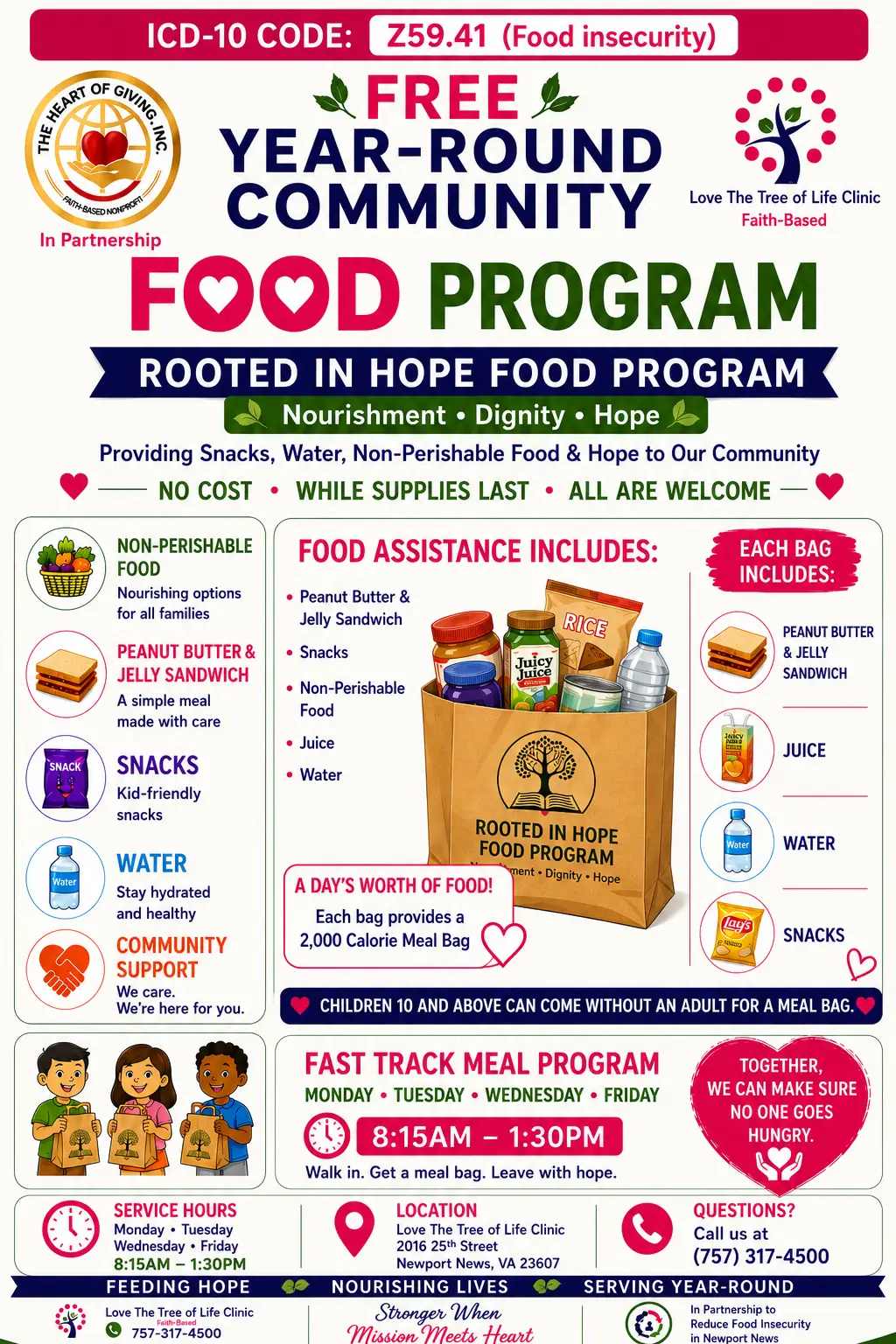 Free year-round community food program flyer for the Rooted in Hope food program