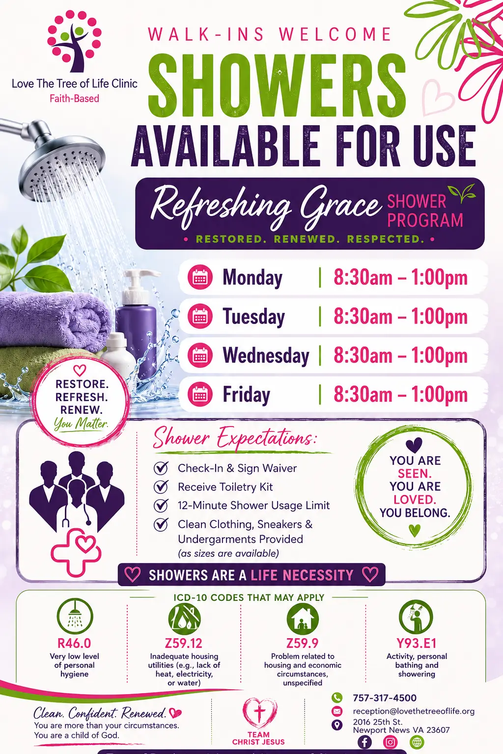 Showers Available for Use flyer for the Refreshing Grace shower program